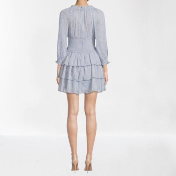 NEW French Connection Sheer Smocked Waist Tiered-Skirt Blue Dress - Picture 7 of 16